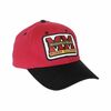 photo of Red hat with black brim, 65% cotton, 35% polyester.